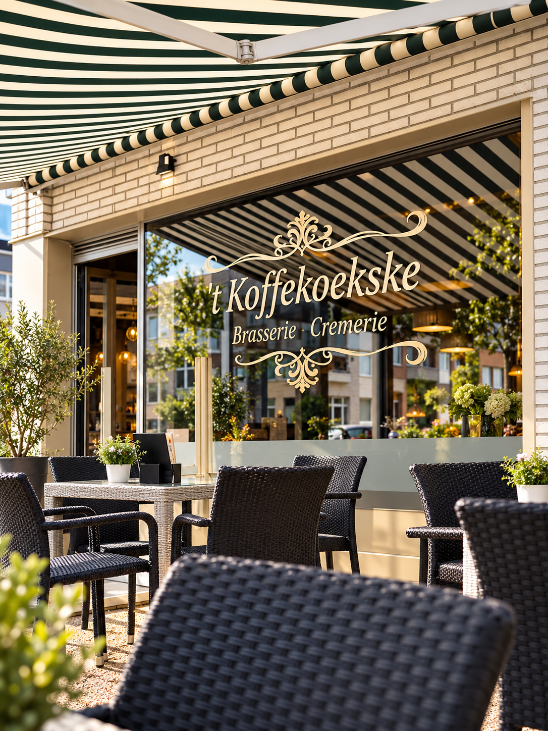 Zonnig terras van ’t Koffekoekske, Brasserie Crèmerie, met de gevel en het logo